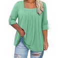thumbnail image 1 of RYRJJ Plus Size Tops for Women 3/4 Rolled Sleeve Tunics Pleated Front Square Neck T-Shirts Dressy Casual Loose Fit Blouses, 1 of 9