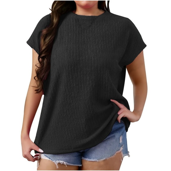 RYRJJ Plus Size Tops for Women Crewneck Textured Short Sleeve T Shirts Solid Color Summer Casual Loose Basic Blouses(Black,4XL)