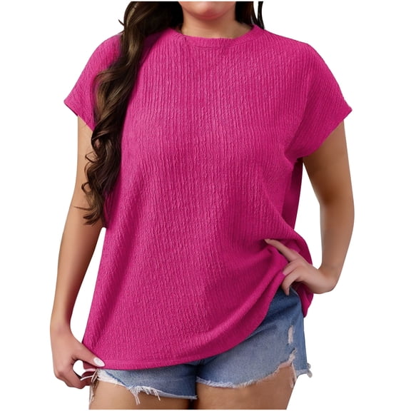 RYRJJ Plus Size Tops for Women Crewneck Textured Short Sleeve T Shirts Solid Color Summer Casual Loose Basic Blouses(Hot Pink,XXL)