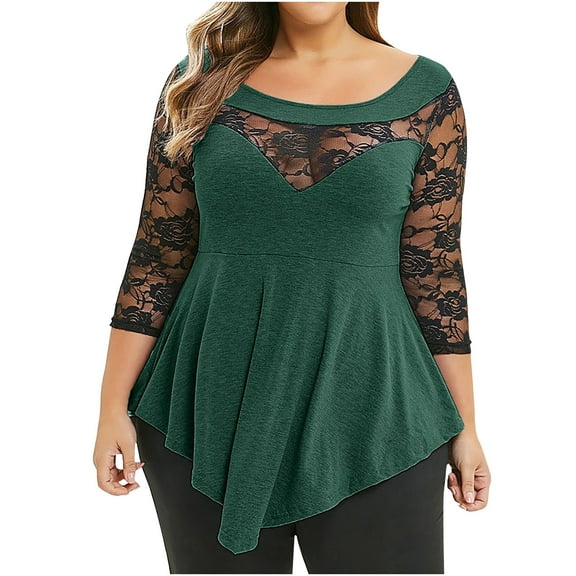 RYRJJ Plus Size Tops for Women Summer Floral Lace 3/4 Sleeve Tunic Spring Tops Crewneck Asymmetric Elegant Shirts Dressy Casual Flowy Blouse Green M