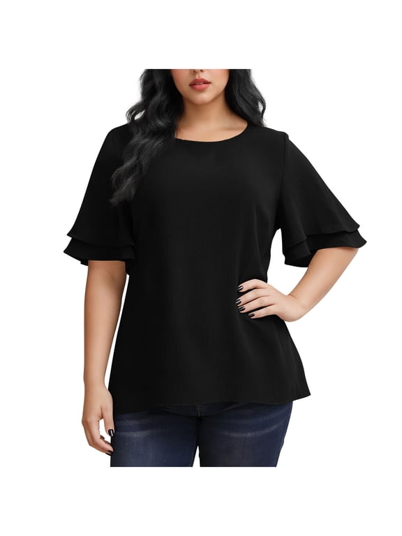 Plus Size Tunic Tops for Women Double Ruffle Short Sleeve Crewneck T Shirts Loose Fit Summer Side Split Blouse(Black,XXL)