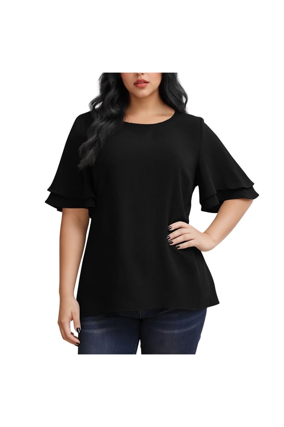Plus Size Tunic Tops for Women Double Ruffle Short Sleeve Crewneck T Shirts Loose Fit Summer Side Split Blouse(Black,XXL)
