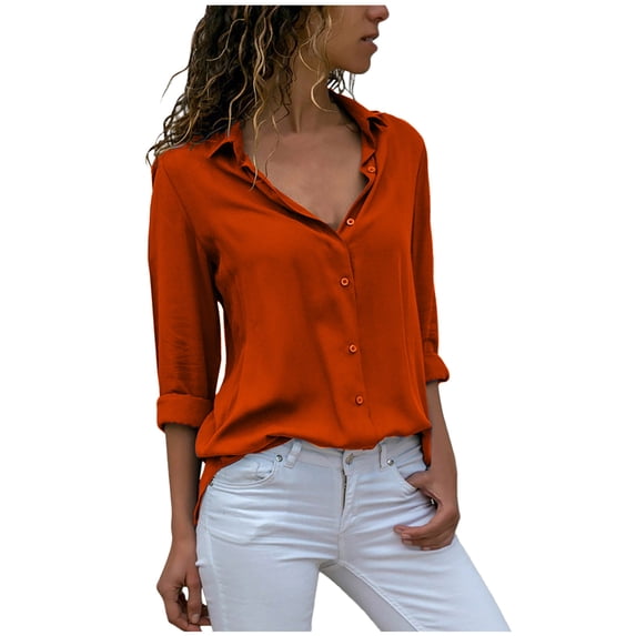 RYRJJ Plus Size Women Button Down Shirts Spring Summer Long Sleeve Collared Office Work Blouses Casual Business Tops Slim Fit Chiffon Shirts(Red,S)