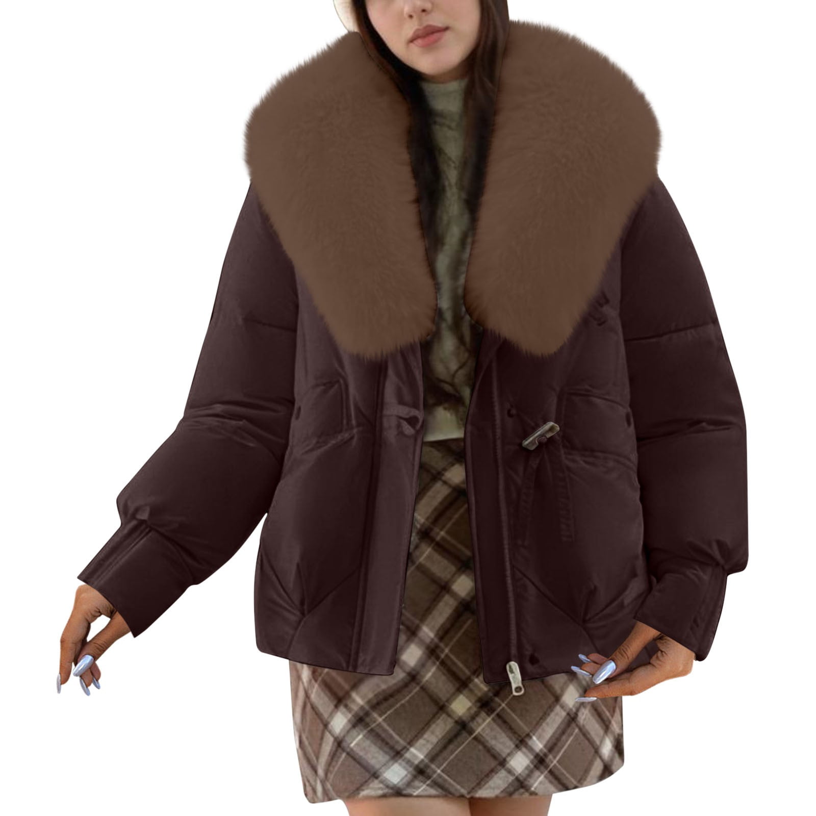 RYRJJ Puffer Jacket Womens Casual Zip Up Faux Fur Collar Long
