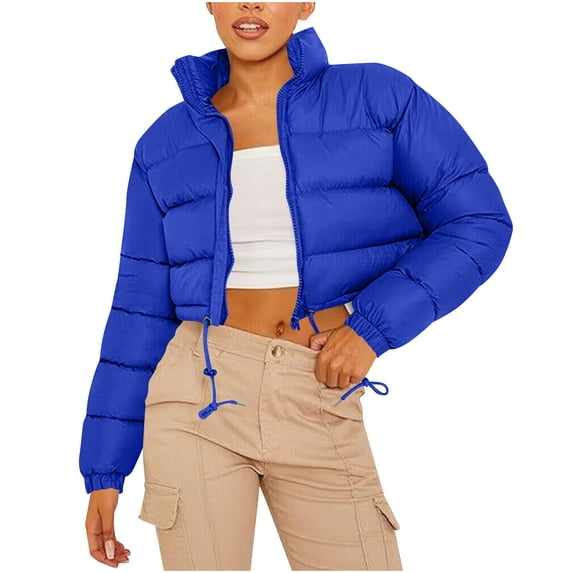 RYRJJ Puffer Jacket Womens Lightweight Stand Collar Cropped Quilted Down Jackets Casual Zip Up Winter Warm Drawstring Short Coats(Blue,L)