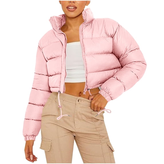 RYRJJ Puffer Jacket Womens Lightweight Stand Collar Cropped Quilted Down Jackets Casual Zip Up Winter Warm Drawstring Short Coats(Pink,L)