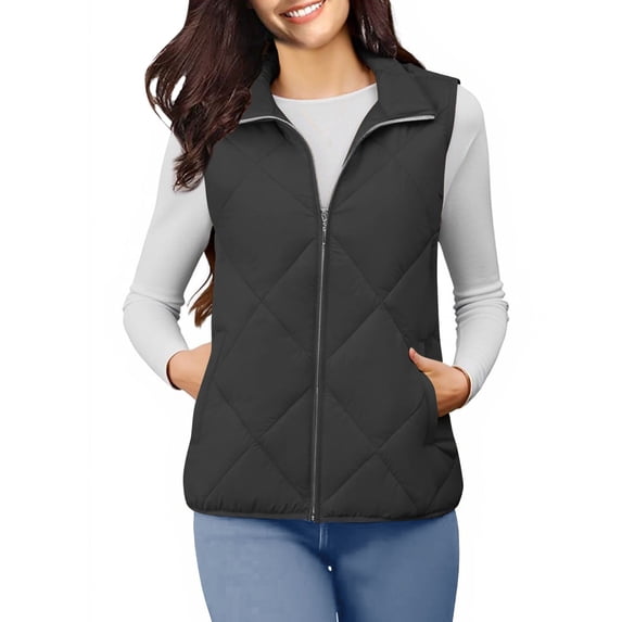 RYRJJ Puffer Vest Women Lightweight Sleeveless Quilted Jackets Zip Up Stand Collar Warm Fall Winter Padded Gilet Coat with Pockets(Black,M)