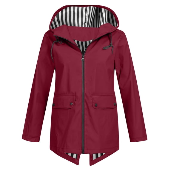 RYRJJ Rain Jacket for Women Lightweight Long Hooded Raincoat Waterproof Outdoor Travel Hiking Windbreaker Trench Coats(Wine,S)