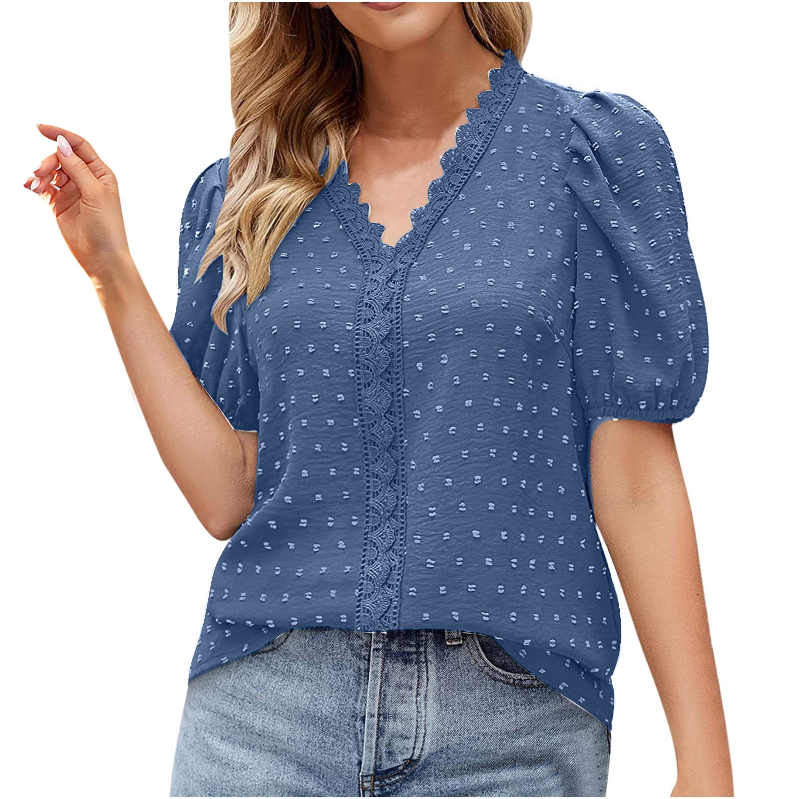 RYRJJ Reduce Price Blouses for Women Casual Summer Tops Lace Trim V Neck  Short Sleeve Shirts Dressy Chiffon Swiss Dot Office Work Shirt(Pink,XL) 