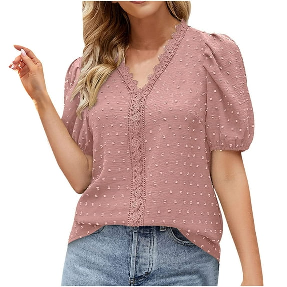 RYRJJ Reduce Price Blouses for Women Casual Summer Tops Lace Trim V Neck Short Sleeve Shirts Dressy Chiffon Swiss Dot Office Work Shirt(Pink,L)