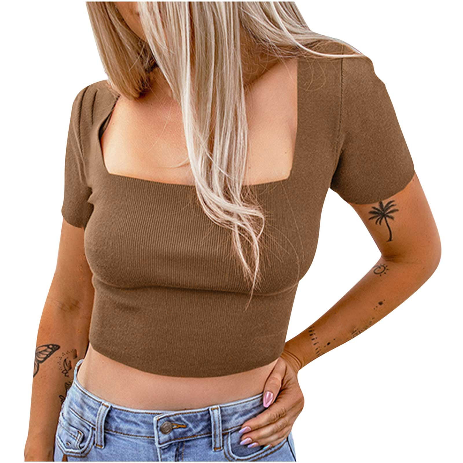 RYRJJ Women's Short Sleeve Crop Tops Square Neck Cropped T Shirts