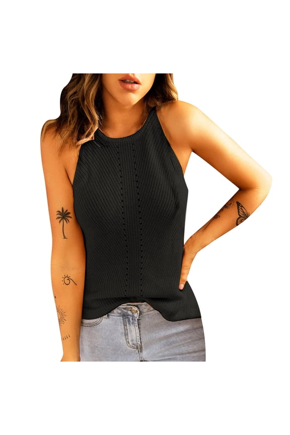 Womens Sleeveless High Neck Halter Sweater Tank Tops Basic Rib Knit Summer Vest Beach Camis Tee Shirts(Black,3XL)