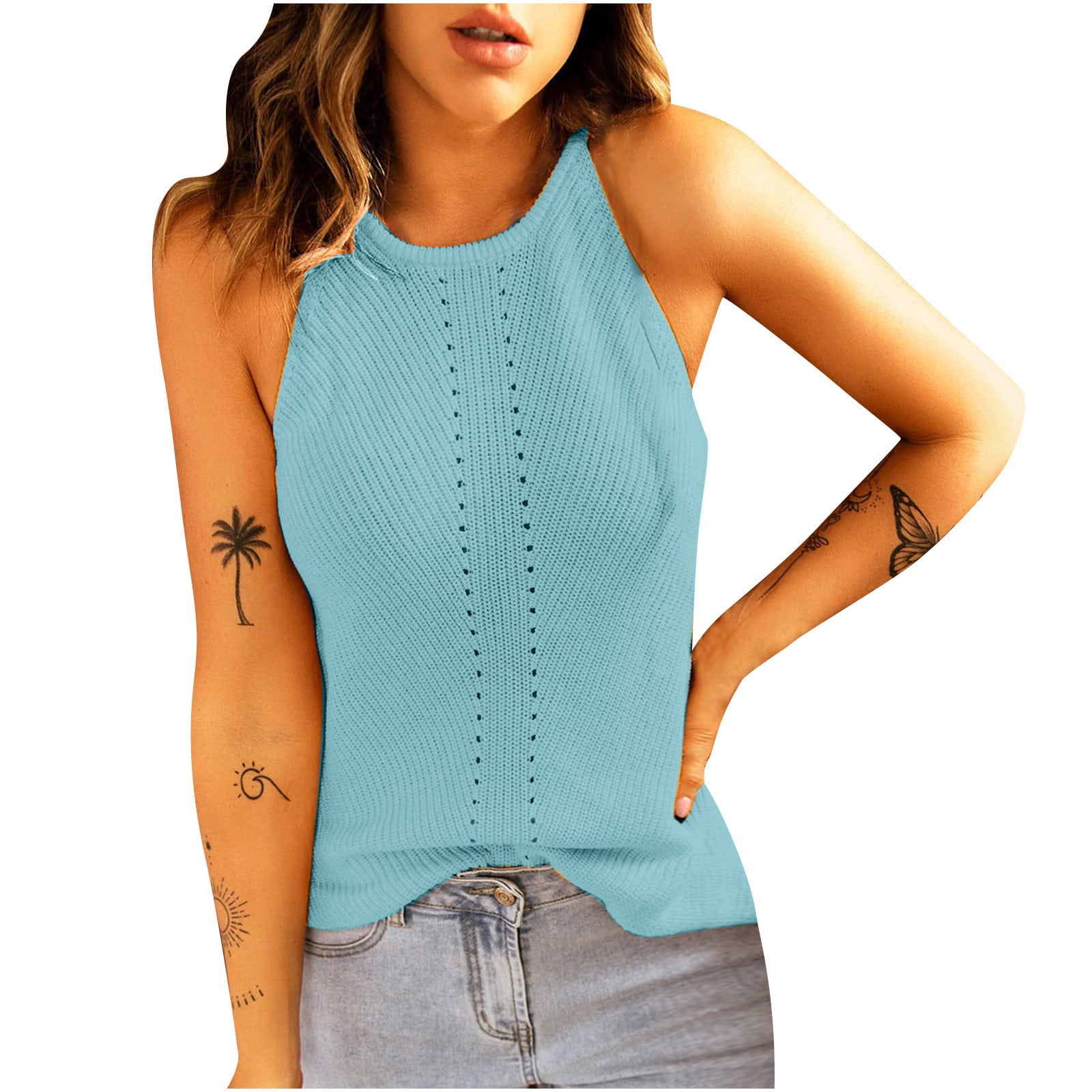 RYRJJ Womens Sleeveless High Neck Halter Sweater Tank Tops