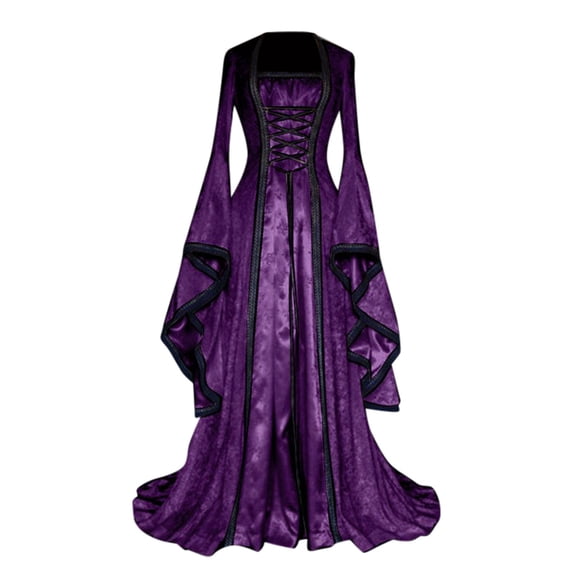 RYRJJ Renaissance Dresses for Women Plus Size Vintage Flared Long Sleeve Square Neck Lace-Up Velvet Maxi Dresses Ball Gowns Medieval Peasant Dress(Purple,5XL)