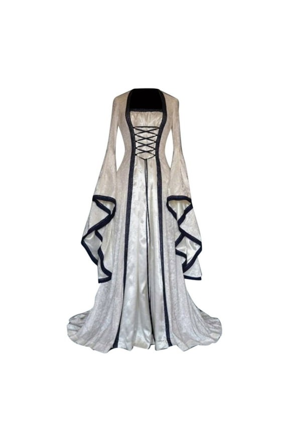 Renaissance Dresses for Women Plus Size Vintage Flared Long Sleeve Square Neck Lace-Up Velvet Maxi Dresses Ball Gowns Medieval Peasant Dress(White,XL)