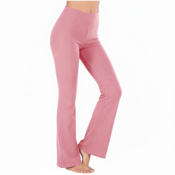 RYRJJ Ribbed Flared Yoga Pants for Women Stretchy High Waisted Bell Bottom Workout Leggings Tummy Control Wide Leg Bootcut Pants(Pink,M)