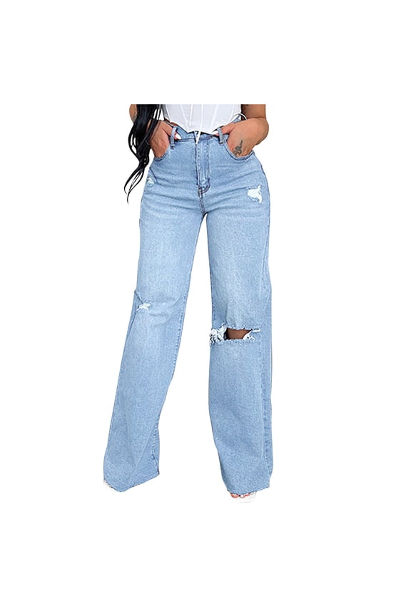 Ripped Jeans for Women Trendy Button Zipper Hight Waist Straight Wide Leg Jeans Pants Distressed Denim Trousers with Pockets(Light Blue,L)