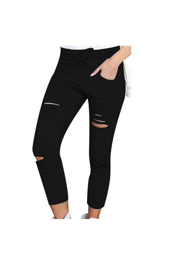 Ripped Leggings for Women with Pockets Cutout Yoga Pants High Waisted Athletic Workout Running Skinny Leggings(Black,XXL)