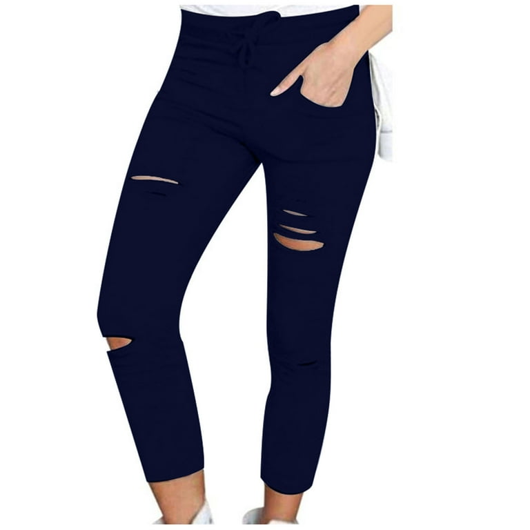 RYRJJ Ripped Leggings for Women with Pockets Cutout Yoga Pants