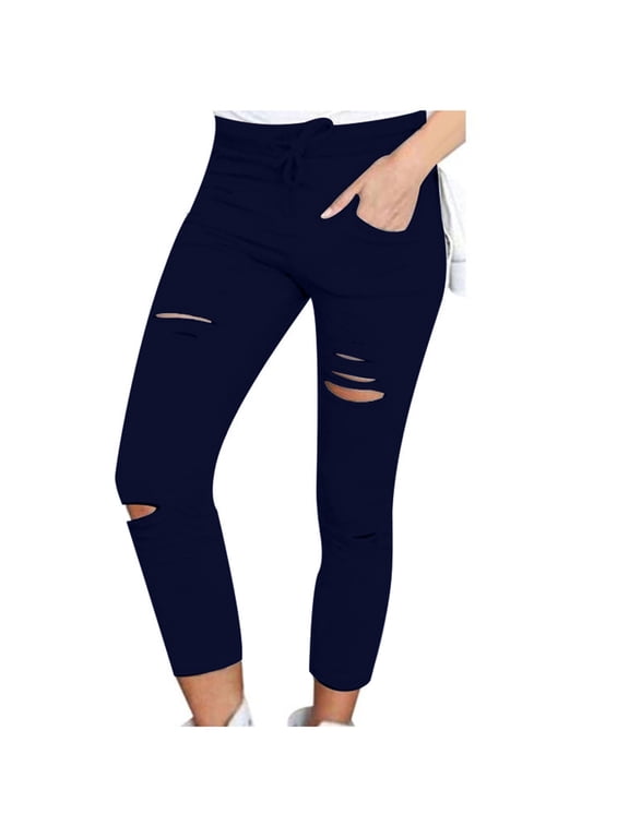Ripped Leggings for Women with Pockets Cutout Yoga Pants High Waisted Athletic Workout Running Skinny Leggings(Dark Blue,M)