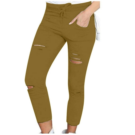 RYRJJ Ripped Leggings for Women with Pockets Cutout Yoga Pants High Waisted Athletic Workout Running Skinny Leggings(Khaki,4XL)