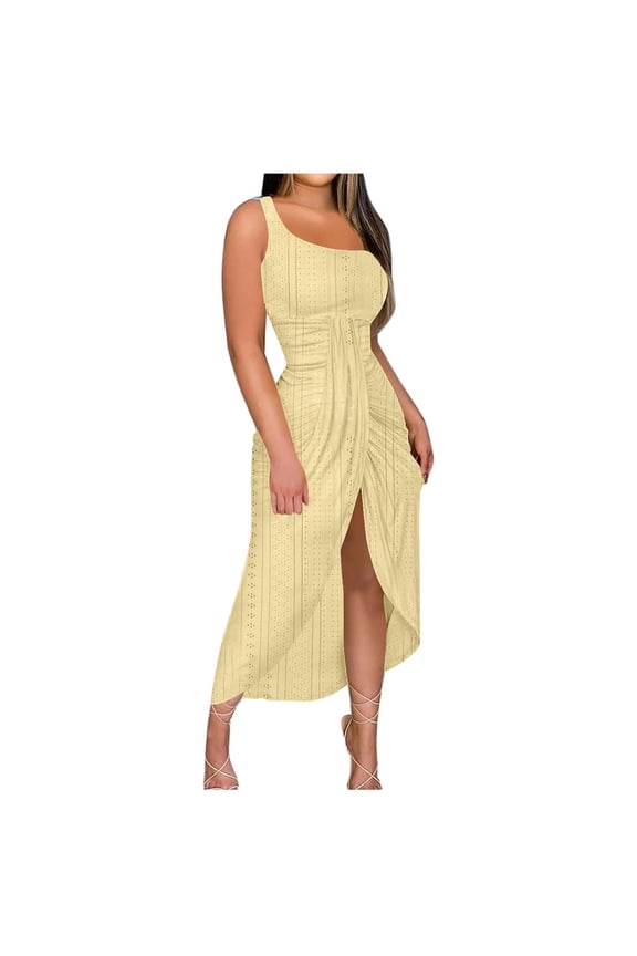 Ruched Summer Dresses for Women Trendy Eyelet Sleeveless High Waist Wrap Split Beach Maxi Dresses Cocktail Party Sundress(Beige,S)