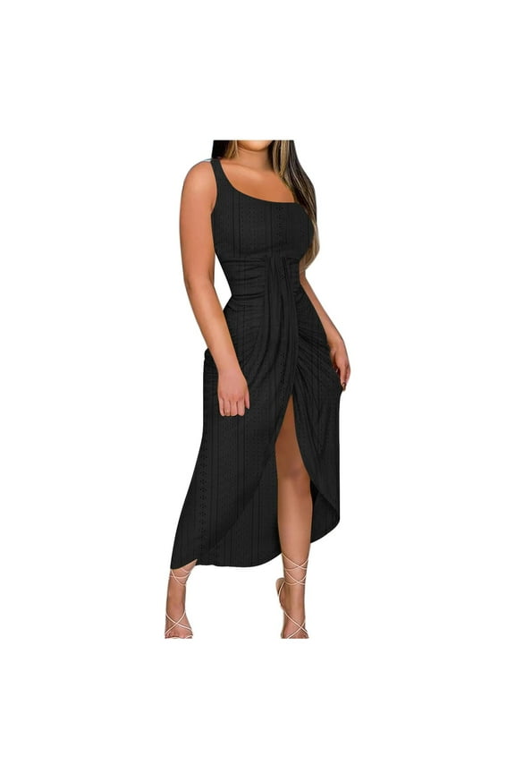 Ruched Summer Dresses for Women Trendy Eyelet Sleeveless High Waist Wrap Split Beach Maxi Dresses Cocktail Party Sundress(Black,S)