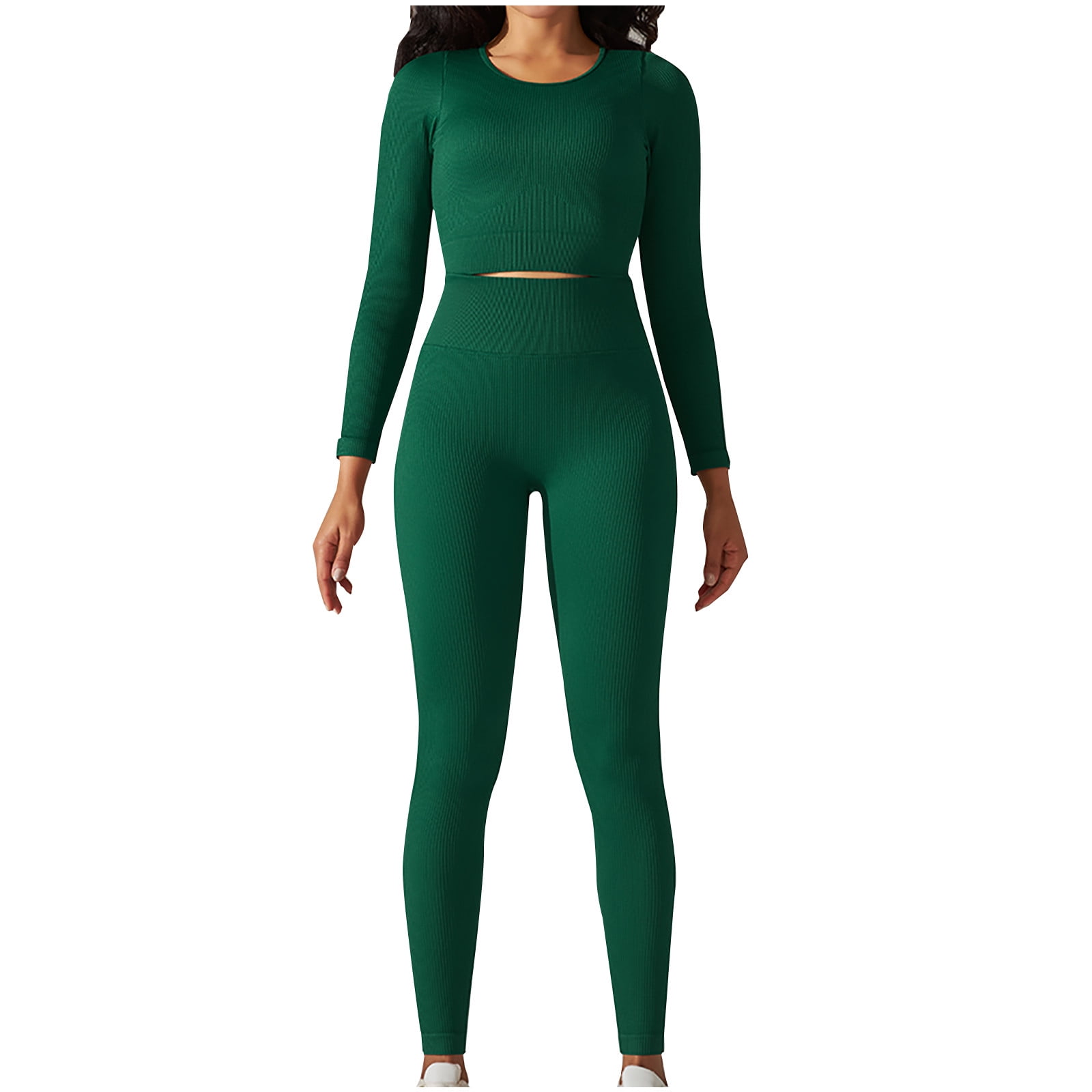 RYRJJ Seamless Workout Outfits for Women 2 Piece Ribbed Long Sleeve Crop Top  and Butt Lifting High Waist Leggings Matching Yoga Sets Sweatsuits(Brown,S)  