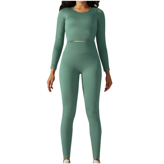 RYRJJ Seamless Workout Outfits for Women 2 Piece Ribbed Long Sleeve Crop Top and Butt Lifting High Waist Leggings Matching Yoga Sets Sweatsuits(Green,S)