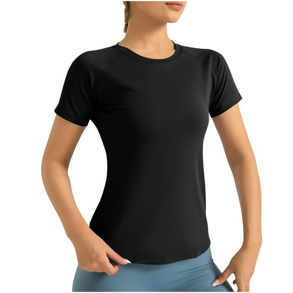 RYRJJ Seamless Workout Tops for Women Short Sleeve Athletic Tees Breathable Gym Running Yoga Shirts(Black,XL)