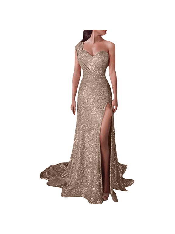 Sequin Mermaid Prom Dresses for Women Formal Sparkly Coaktail Bodycon Evening Maxi Dress One Shoulder Wedding Party Gown(Gold S)