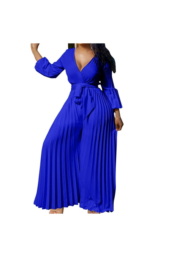Jumpsuits for Women Dressy Elegant V Neck Long Sleeve Wide Leg Pleated Pants Plus Size Formal Wedding Guest Cocktail Party Romper(Blue,3XL)