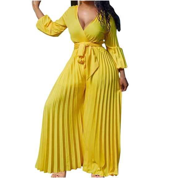 RYRJJ Jumpsuits for Women Dressy Elegant V Neck Long Sleeve Wide Leg Pleated Pants Plus Size Formal Wedding Guest Cocktail Party Romper(Yellow,S)