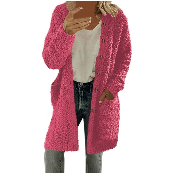 RYRJJ Sherpa Cardigan Sweaters for Women Fuzzy Fleece Jacket with Pockets Fall Winter Long Sleeve Button Down Coat Outwear(Hot Pink,S)