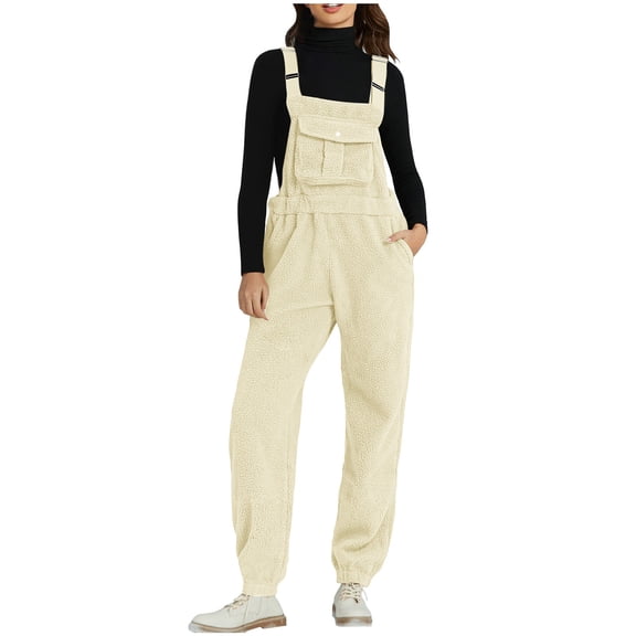 RYRJJ Sherpa Overalls for Women Loose Fit Winter Fuzzy Fleece Warm Bib Trousers Pocket Adjustable Jogger Baggy Overall Jumpsuit(White,M)