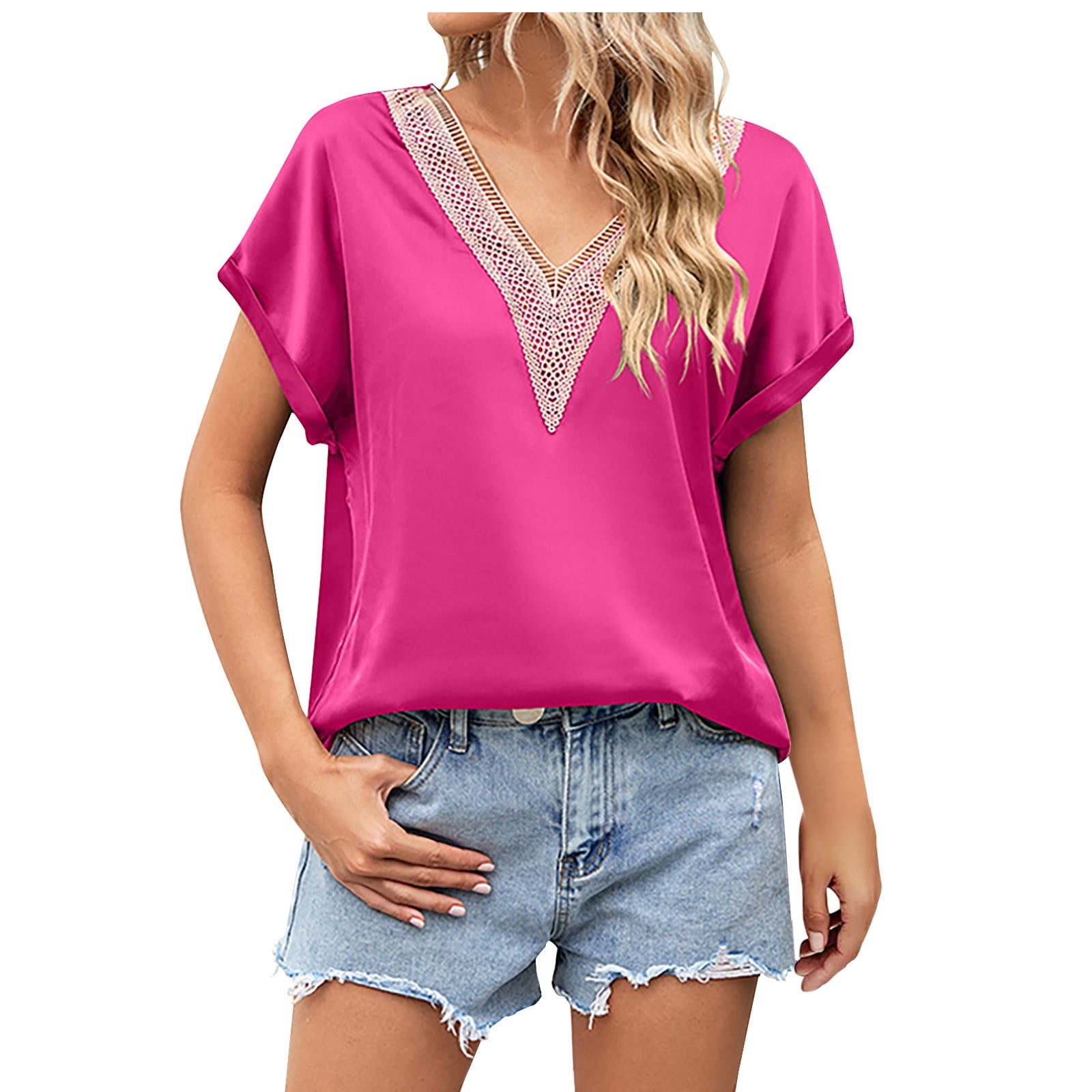 RYRJJ Short Sleeve Shirt for Women Summer Loose Satin Tops Trendy Guipure  Lace V Neck Silk Blouse(01#Hot Pink,M) 