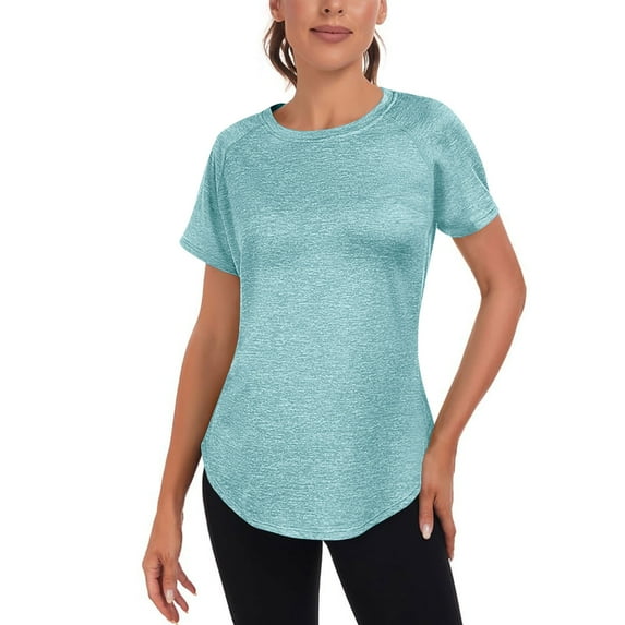 RYRJJ Short Sleeve Workout Shirts for Women Mesh Yoga Tops Loose Fit Hiking Gym T-Shirt Breathable Quick Dry Running Tees(Light Blue,S)