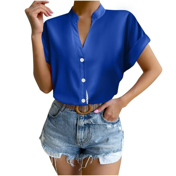 RYRJJ Silk Button Down Shirts for Women Satin Short Sleeve V Neck Casual Work Office Blouse Tunic Tops Summer Fashion Clothes(Blue,XXL)