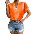 thumbnail image 1 of RYRJJ Silk Button Down Shirts for Women Satin Short Sleeve V Neck Casual Work Office Blouse Tunic Tops Summer Fashion Clothes(Orange,L), 1 of 9