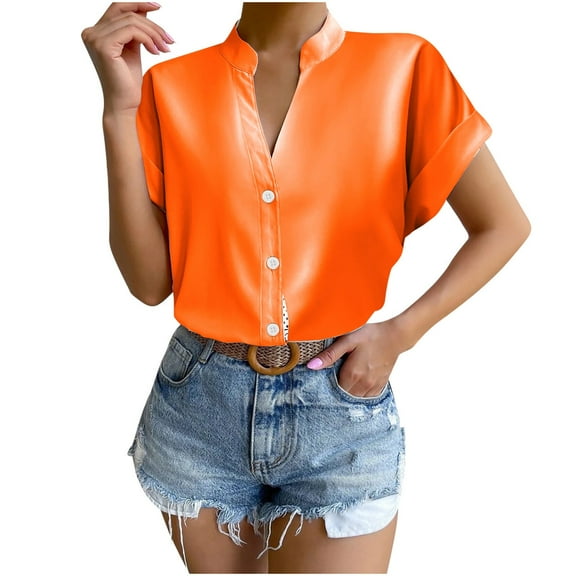 RYRJJ Silk Button Down Shirts for Women Satin Short Sleeve V Neck Casual Work Office Blouse Tunic Tops Summer Fashion Clothes(Orange,XXL)