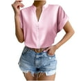 thumbnail image 1 of RYRJJ Silk Button Down Shirts for Women Satin Short Sleeve V Neck Casual Work Office Blouse Tunic Tops Summer Fashion Clothes(Pink,M), 1 of 8