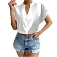 thumbnail image 1 of RYRJJ Women's Elegant Shirts Fashion Casual Loose Fit Short Sleeve V-Neck Shirt Tops Button Down Lightweight Stand Collar Blouse(White,S), 1 of 7