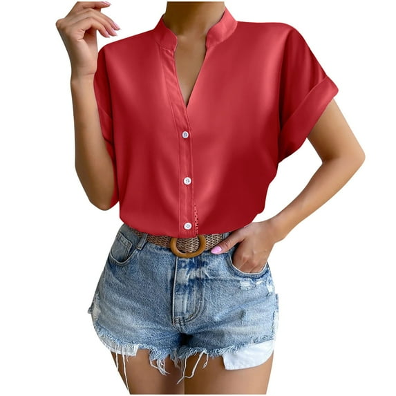 RYRJJ Silk Button Down Shirts for Women Satin Short Sleeve V Neck Casual Work Office Blouse Tunic Tops Summer Fashion Clothes(Wine,XXL)