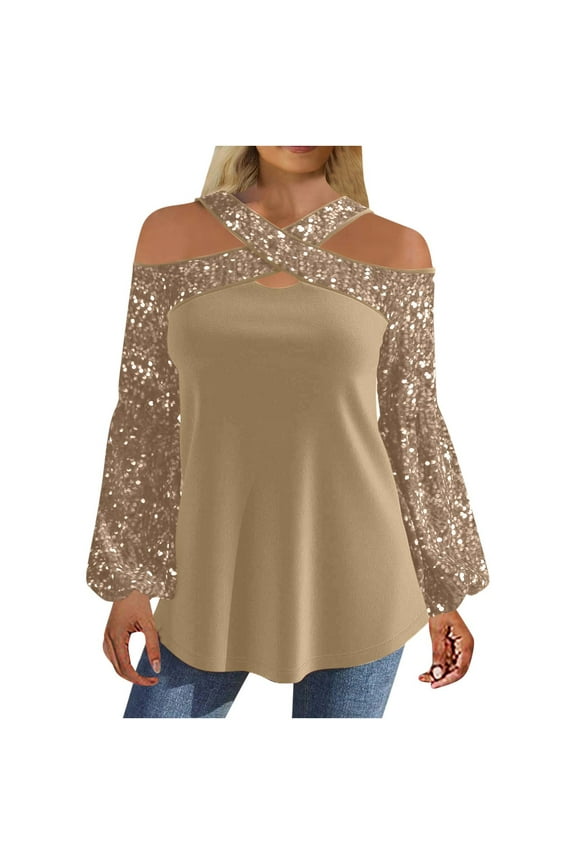 Sparkly Cold Shoulder Tops for Women Trendy Evening Party Sequins T Shirts Blouse Cross Hollow Out Lantern Long Sleeve Swing Flowy Tunic Top(Khaki,M)