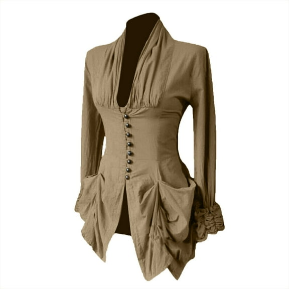 RYRJJ Steampunk Clothing for Women Vintage Medieval Gothic Jacket Top Long Sleeve Button UP Deep V-Neck Renaissance Tailcoat Costumes(Khaki,XXL)