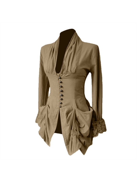 Steampunk Clothing for Women Vintage Medieval Gothic Jacket Top Long Sleeve Button UP Deep V-Neck Renaissance Tailcoat Costumes(Khaki,XXL)