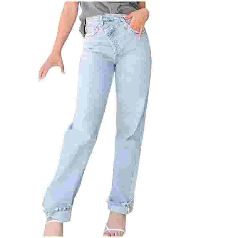 【HI FI FNK】Blue Fold Wide Jeans RYRJJ Straight Wide Leg Jeans for Women – High Waisted