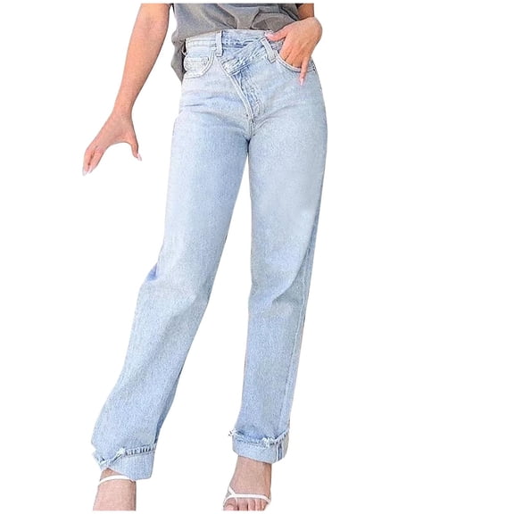 RYRJJ Straight Wide Leg Jeans for Women – High Waisted Crossover Jeans Stretch Boyfriend Jeans Crisscross Y2K 90s Denim Pants(Blue,S)