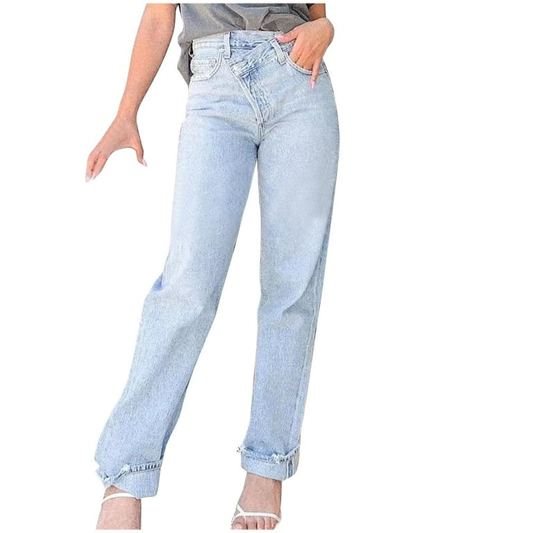 RYRJJ Straight Wide Leg Jeans for Women – High Waisted Crossover
