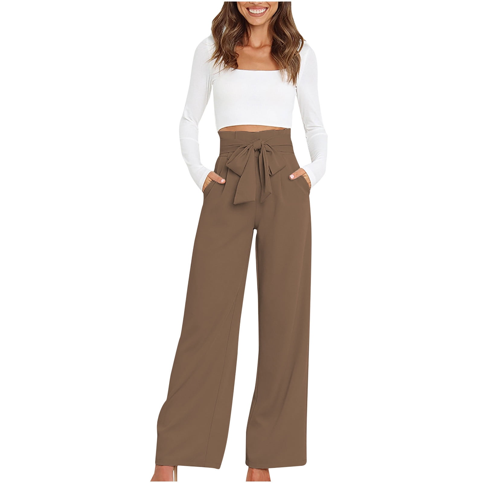RYRJJ Straight Wide Leg Long Trousers with Tie Belt for Women Pleated Front High  Waisted Business Work Pants Elegant Dress Trousers(Khaki,L) - Walmart.com